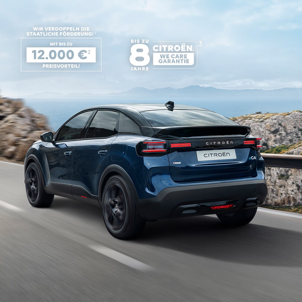Three‑quarter front view ë‑C4 highlighting electric design, comfort, efficiency and technology for a premium modern presence