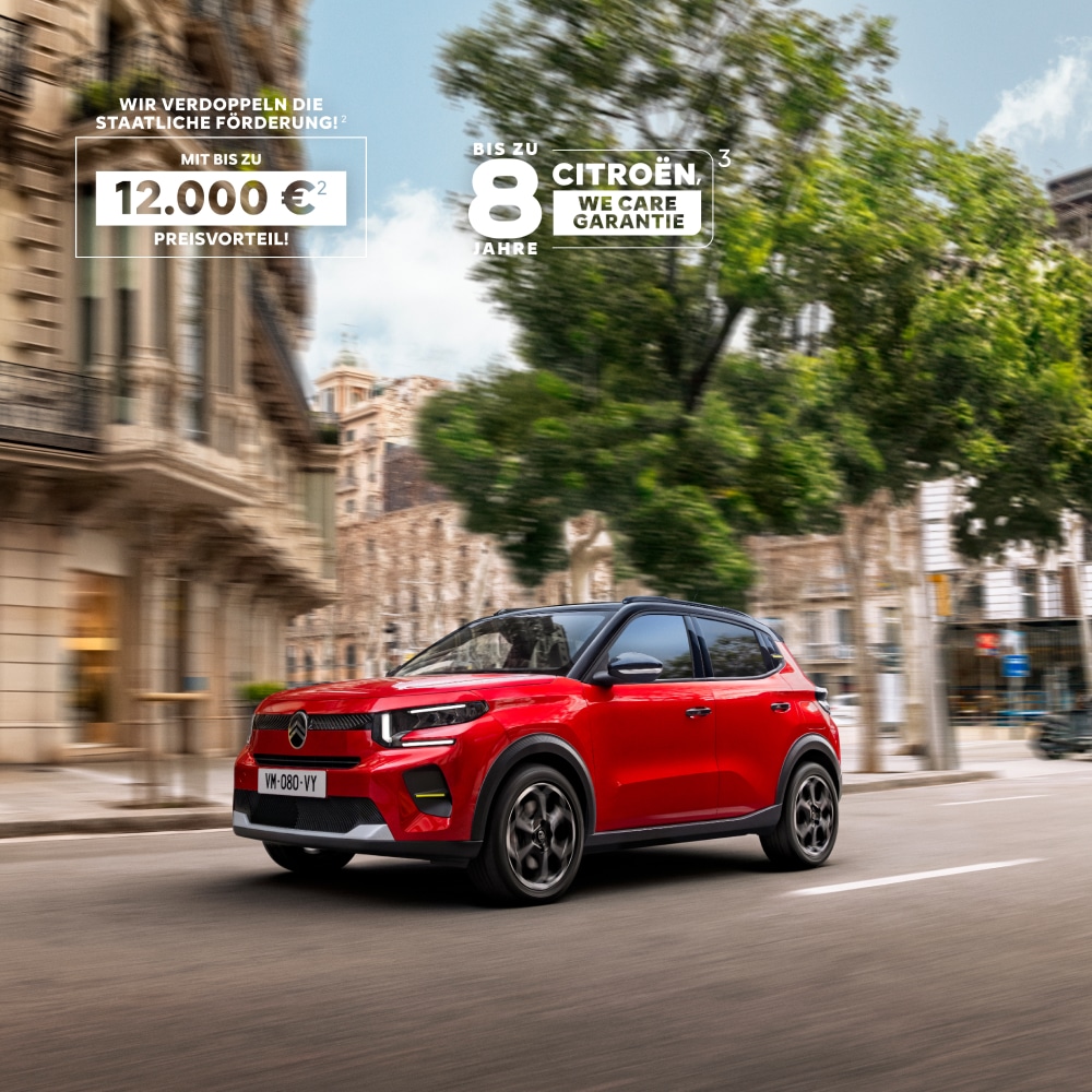 Dreiviertel-Frontansicht des Citroën ë-C3 Elektro-SUV präsentiert aerodynamisches Design für komfortable, erschwingliche Stadtmobilität.